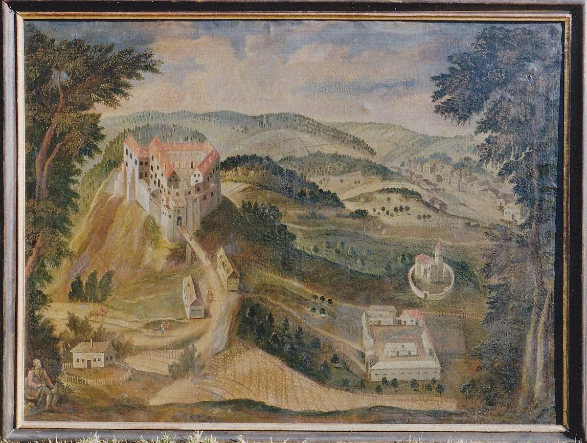 Altes Gemälde des Forsthauses im Rahmen
